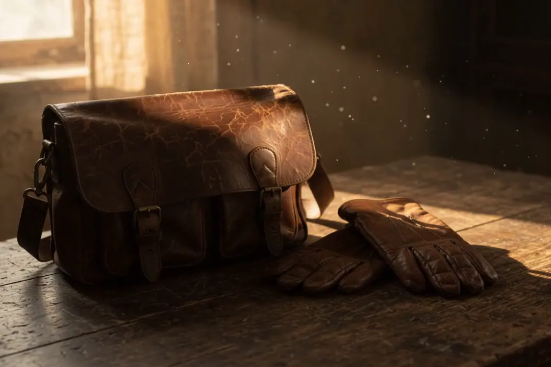 A brown leather satchel and gloves on a wooden table in warm window light.
