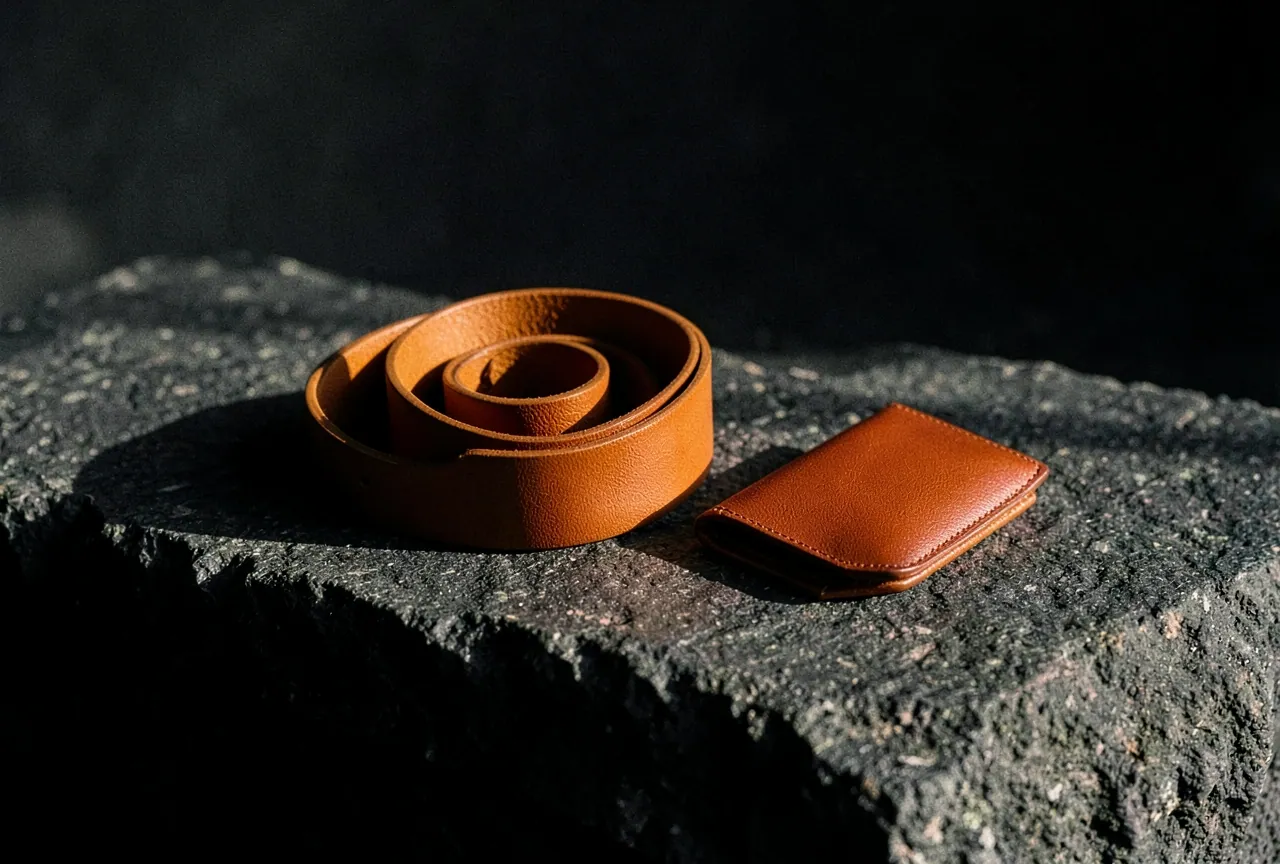 A cognac leather belt and card case on a dark stone ledge in warm sun.