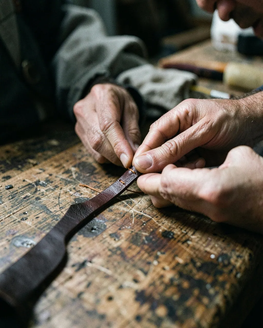 Hands stitching a leather strap with waxed thread.
