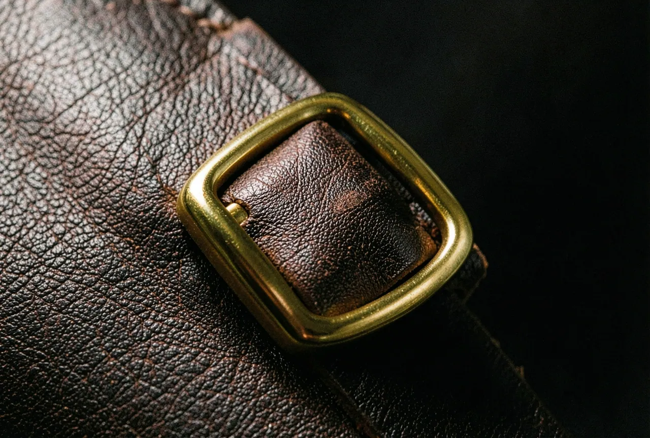 Close-up of vegetable-tanned leather with a brass buckle.