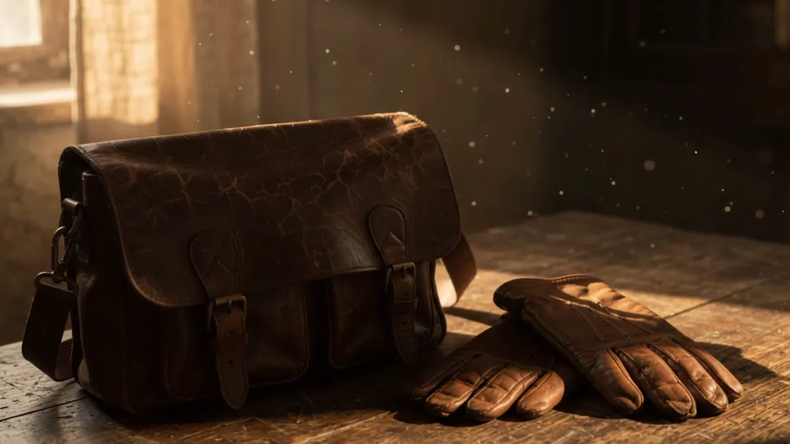 Warm light slides across a leather satchel and gloves.