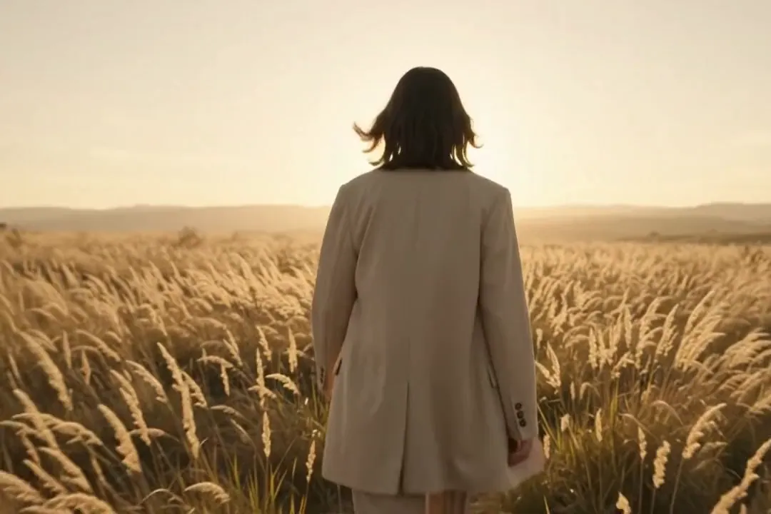 A model in a camel coat walks through golden grass towards a low sun.
