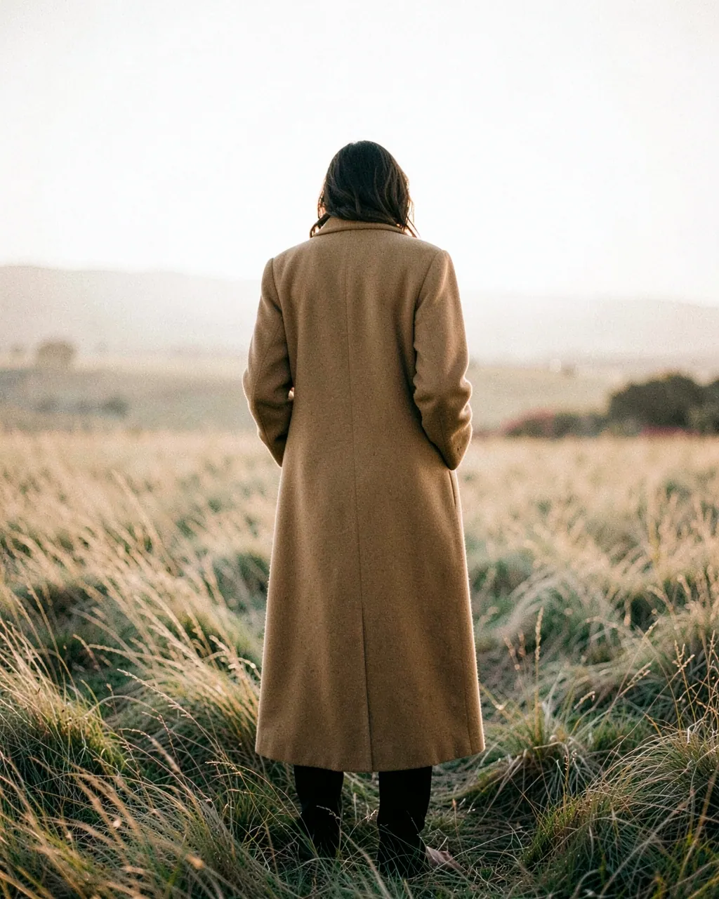 A model in a camel coat stands in golden grass at sunset.