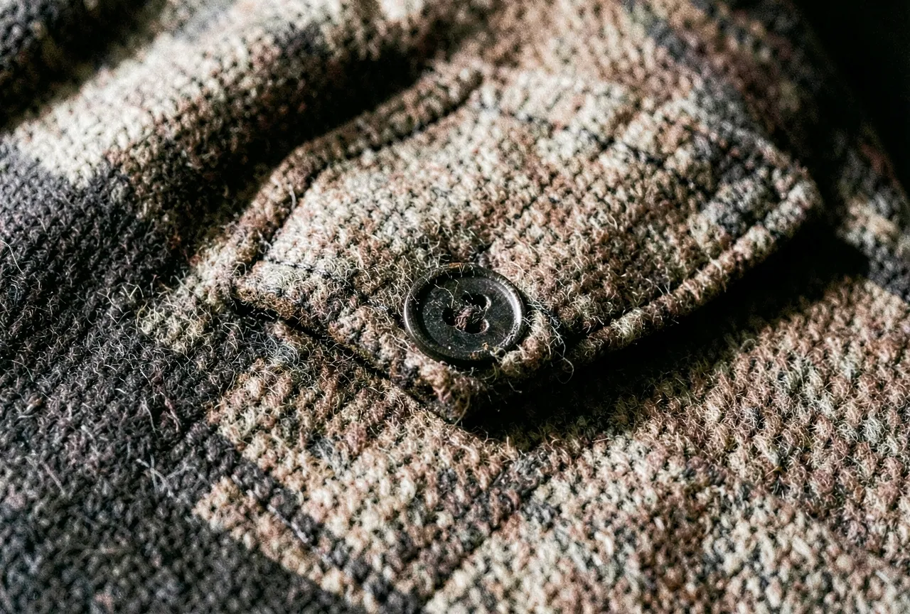Close-up of camel wool with a horn button.