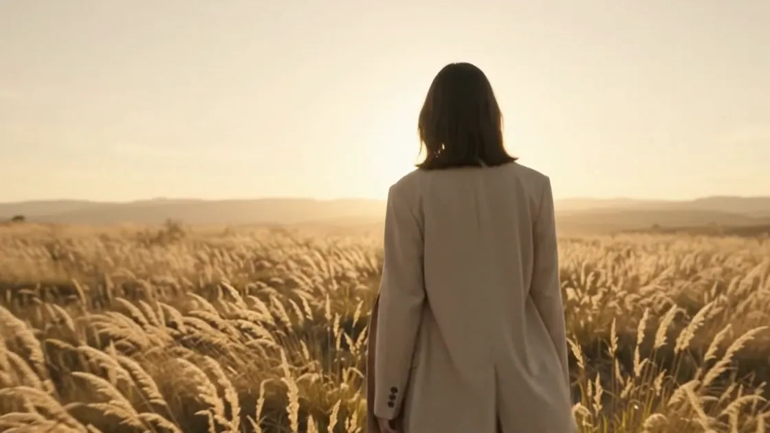 The model in a camel coat walks away through tall grass at sunset.