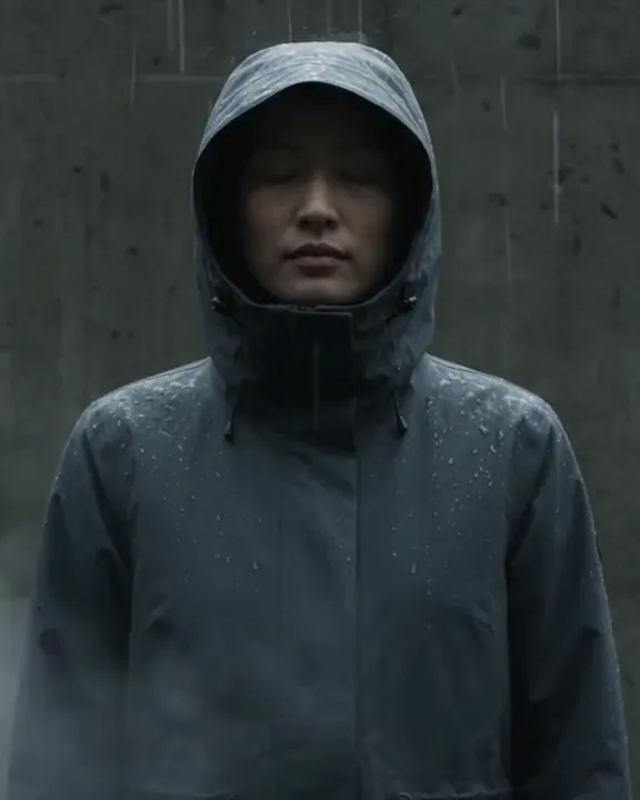 A model in a slate-blue hooded shell stands in the rain against a concrete wall.