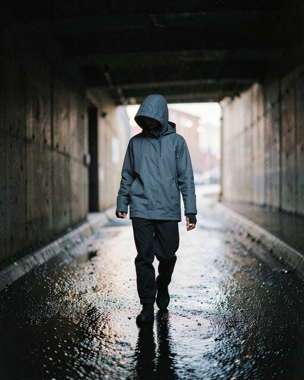 A model in a slate-blue hooded shell walks through a wet concrete underpass.