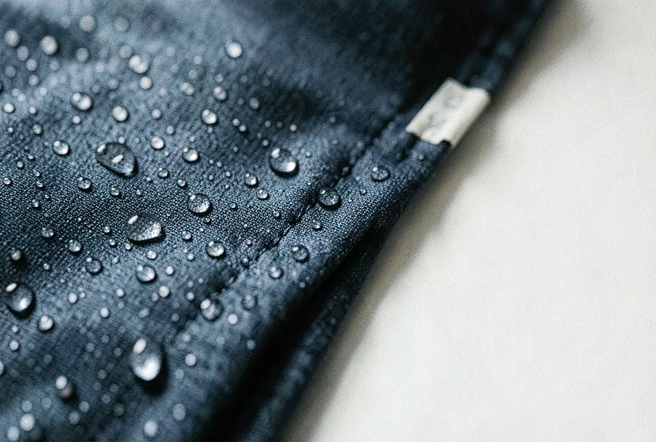 Water beading on slate-blue technical fabric beside a taped seam.