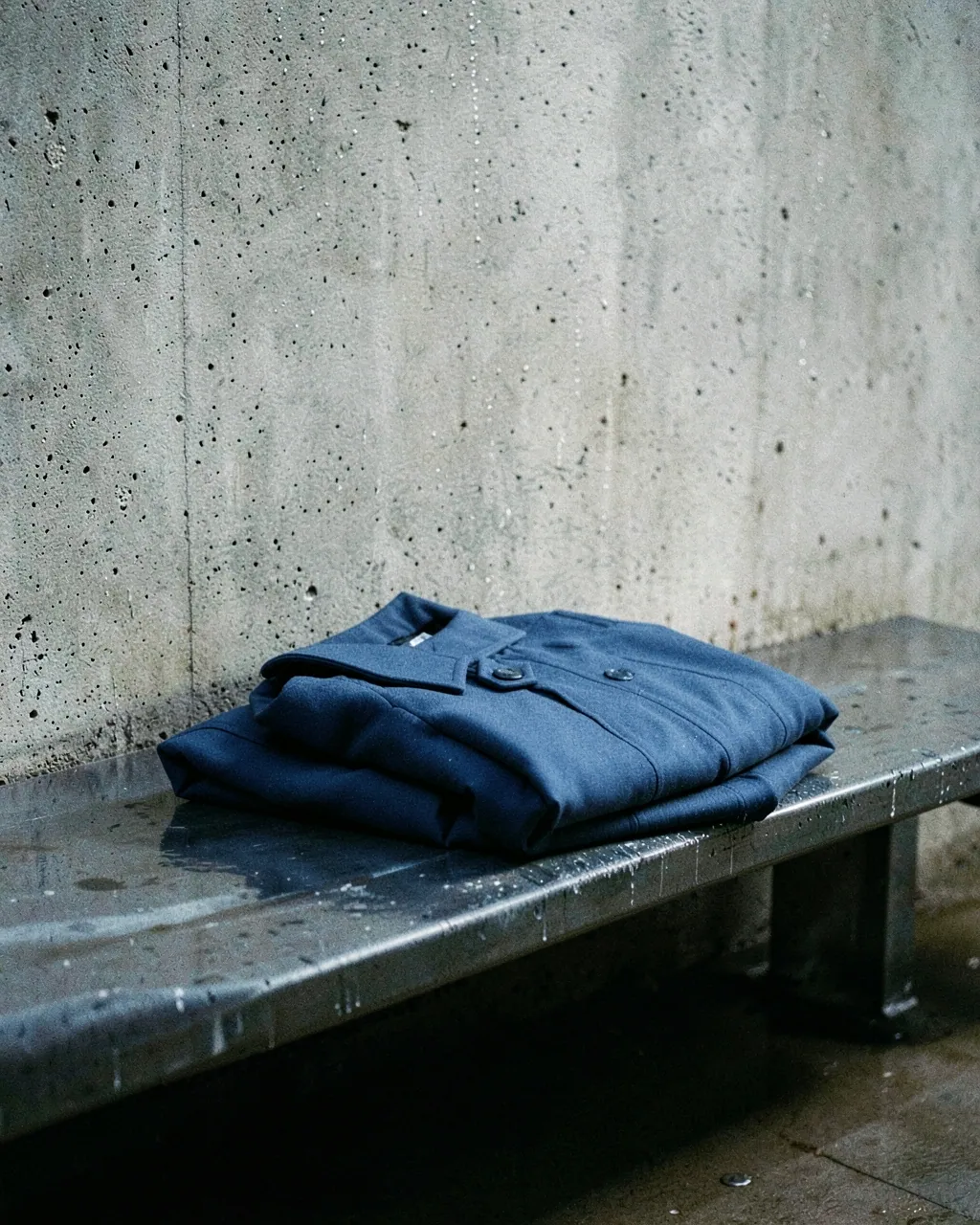 A slate-blue parka folded on a steel bench.