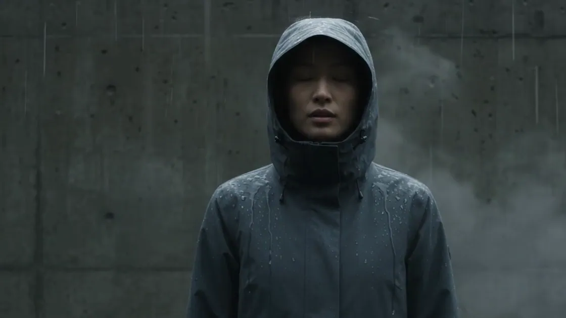 Mist drifts past the model in a slate-blue hood.