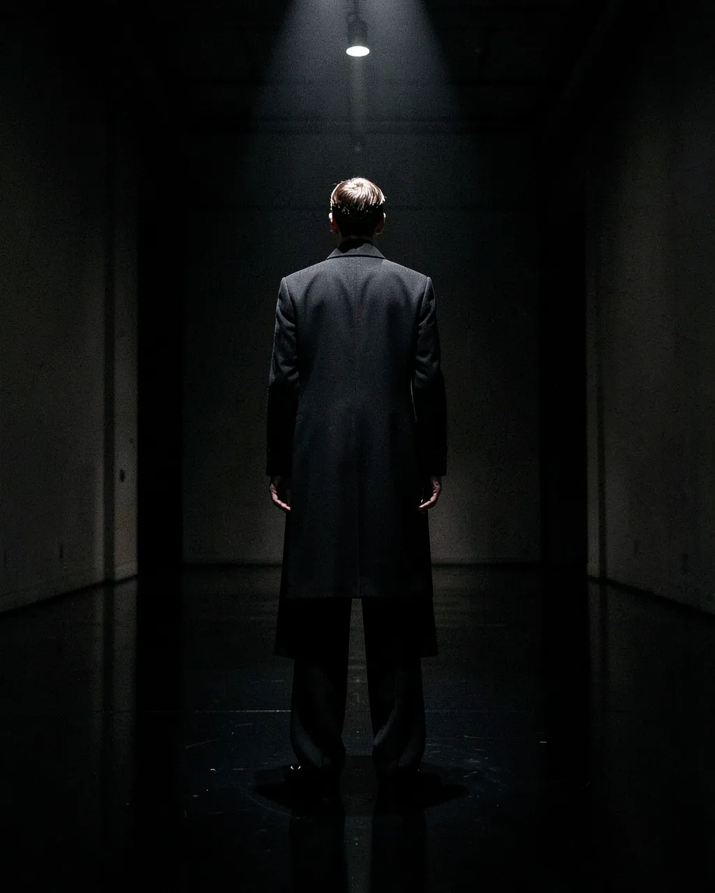 A model in a long black coat stands under a single spotlight in a dark hall.