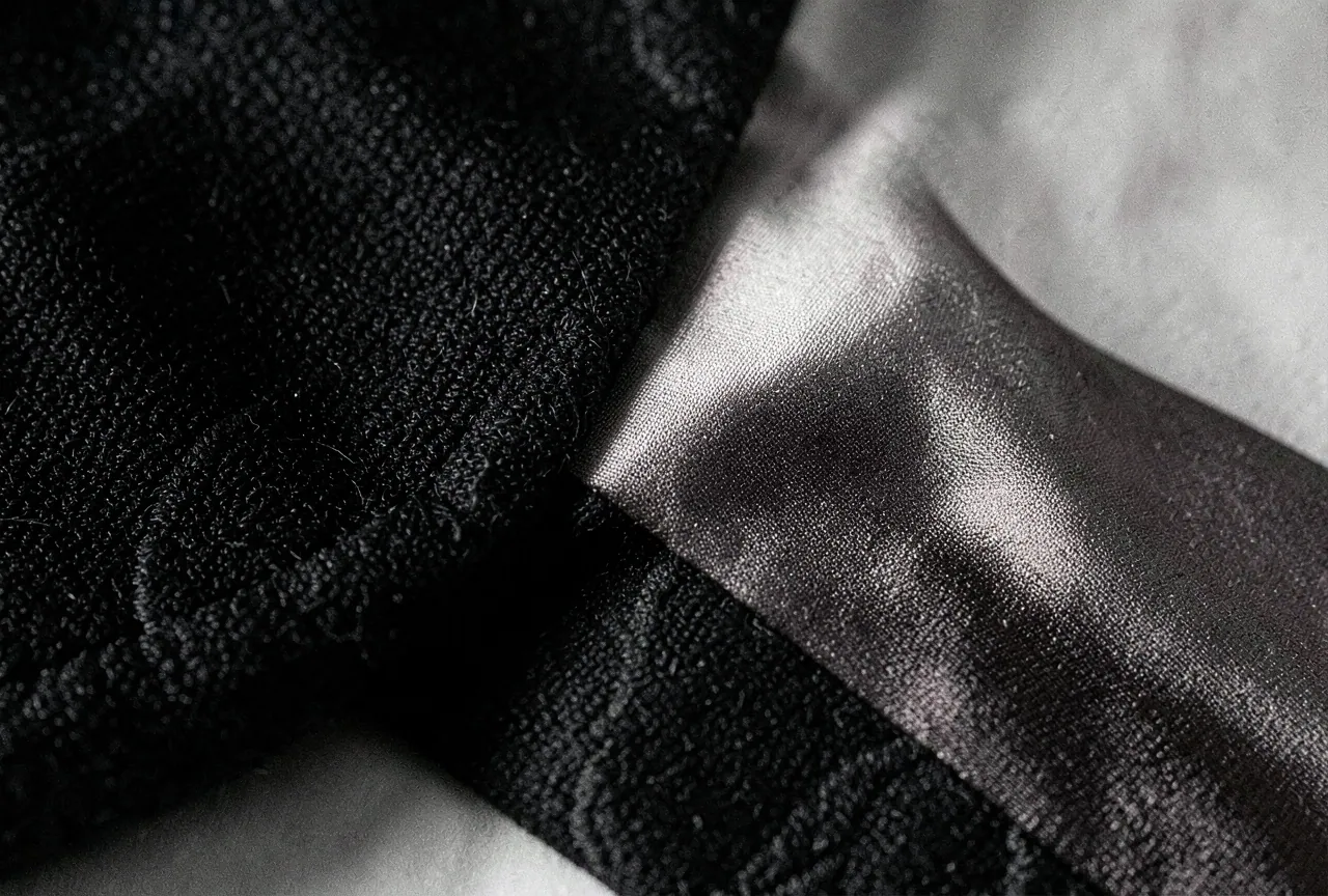 Close-up of black wool meeting a silk-faced lapel.