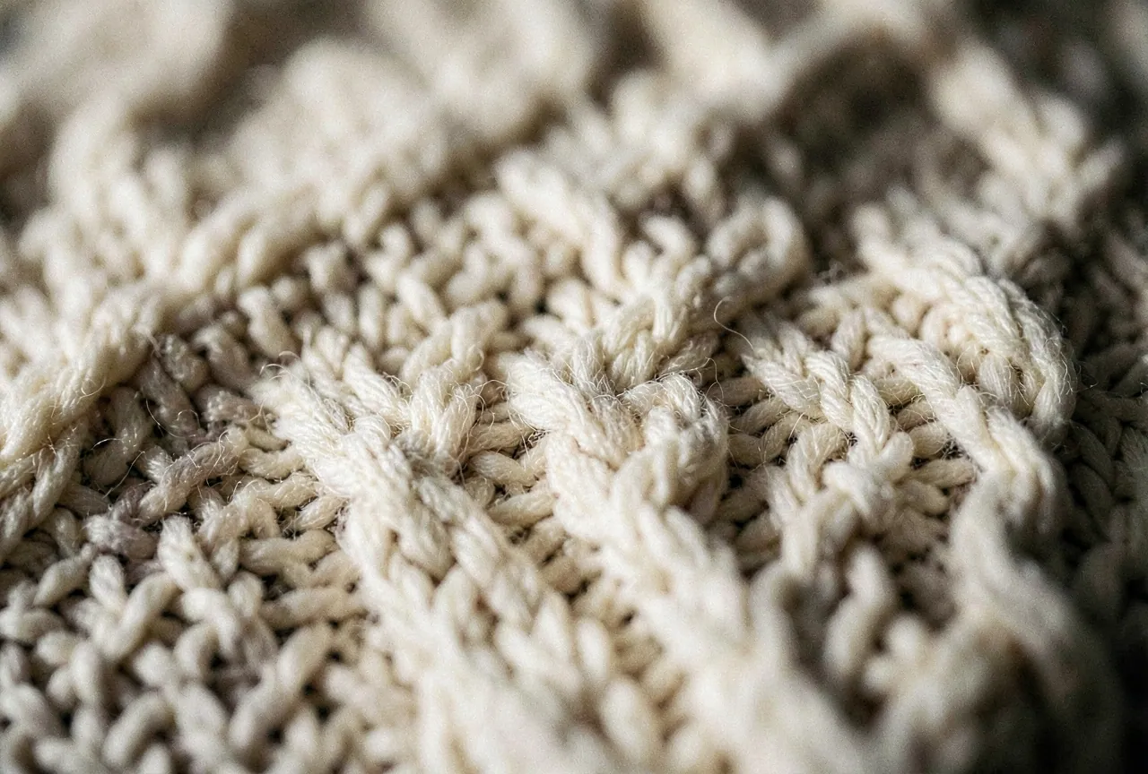 Close-up of cream cable-knit stitches.