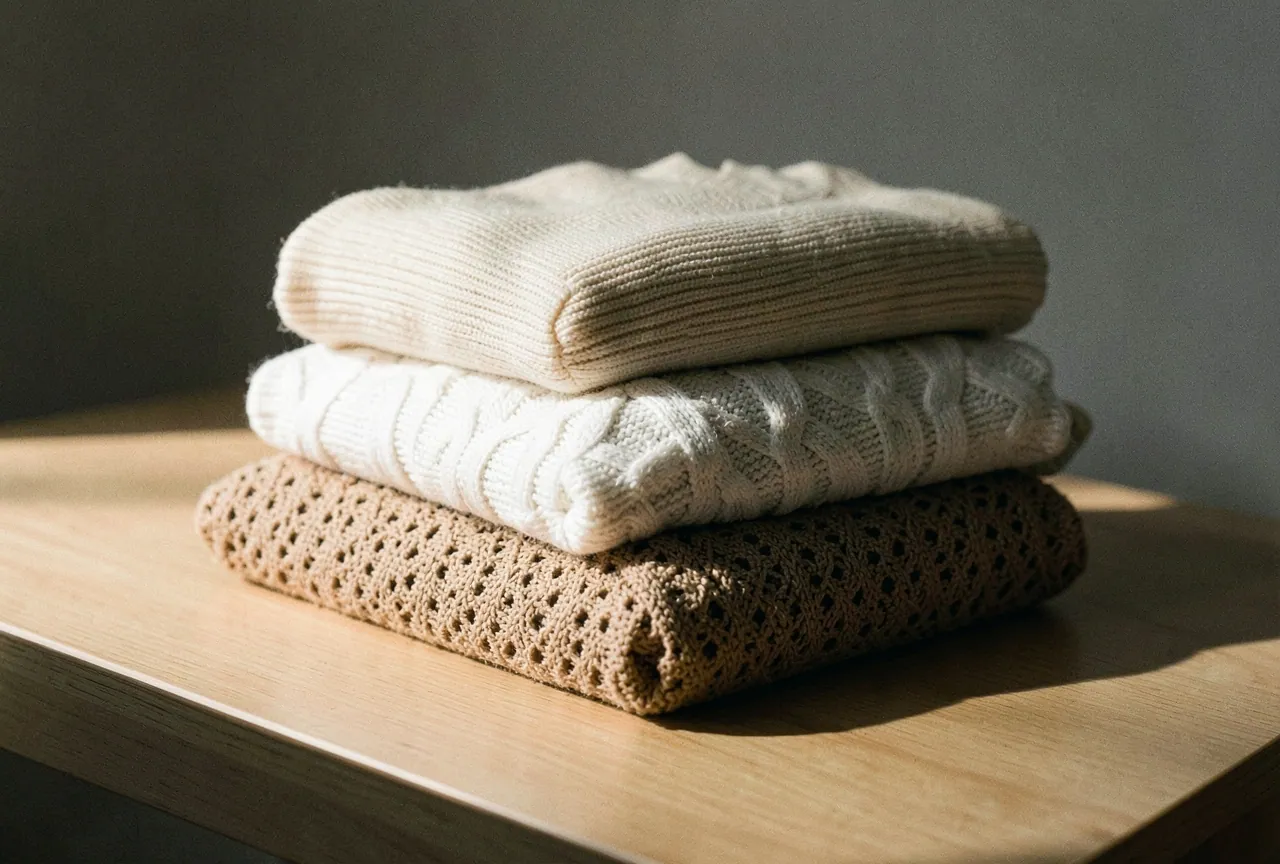 Three folded sweaters in cream, chalk and oat on an oak table.