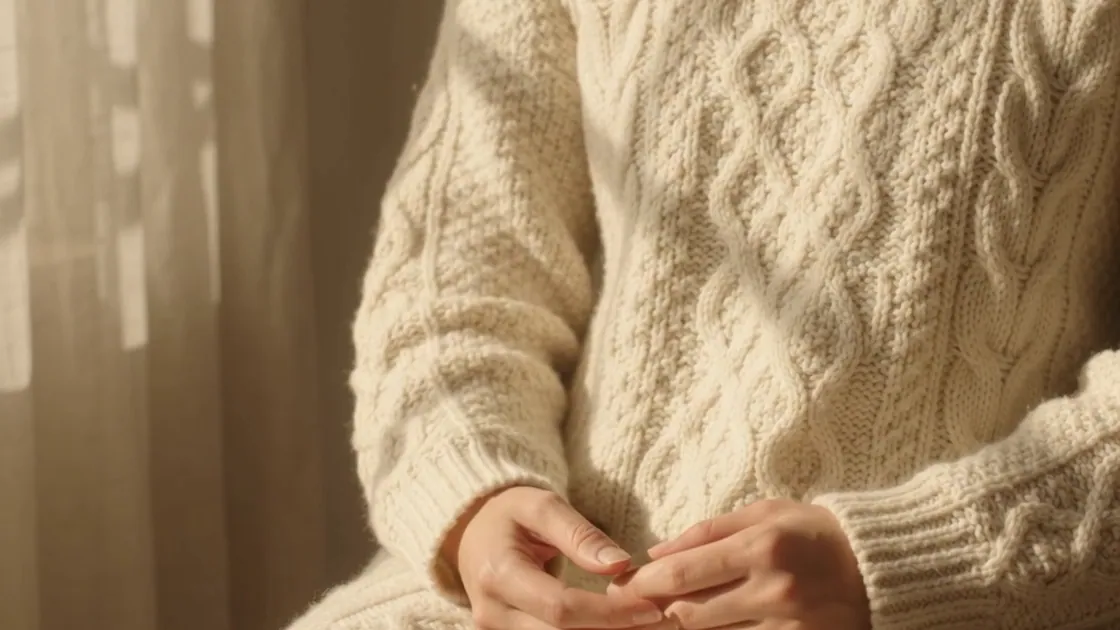Window light across a cream cable-knit sweater.