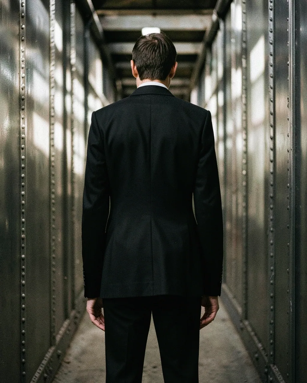 A model in black tailoring stands in a corridor of riveted steel.
