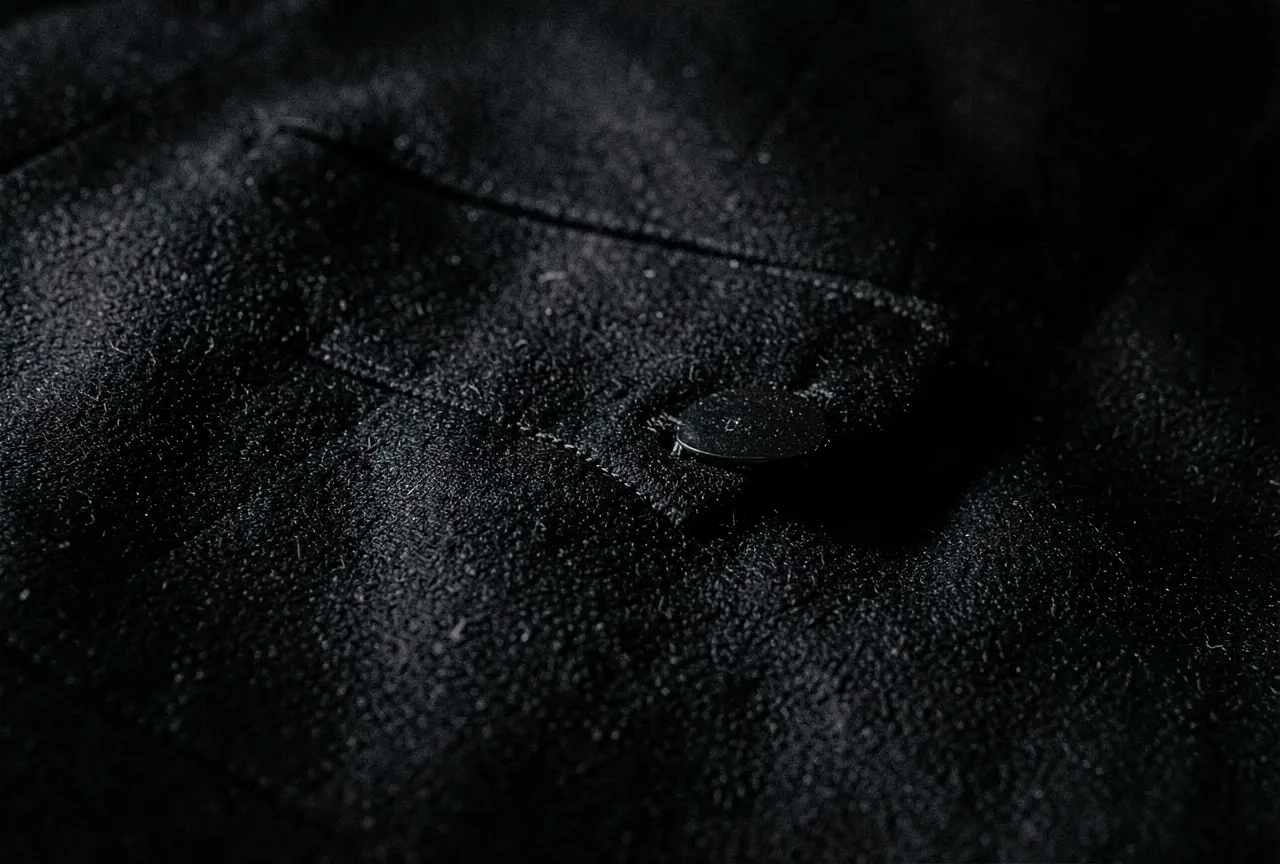 Close-up of black wool suiting with a concealed placket.