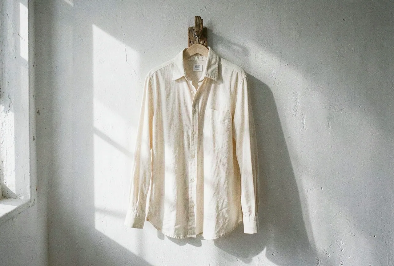 A cream linen shirt hanging on a wooden peg against a white wall.
