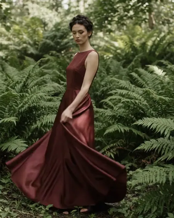 A model in a long oxblood silk dress stands among ferns.