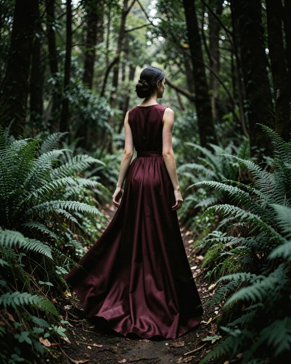 A model in a long oxblood silk gown walks through ferns.
