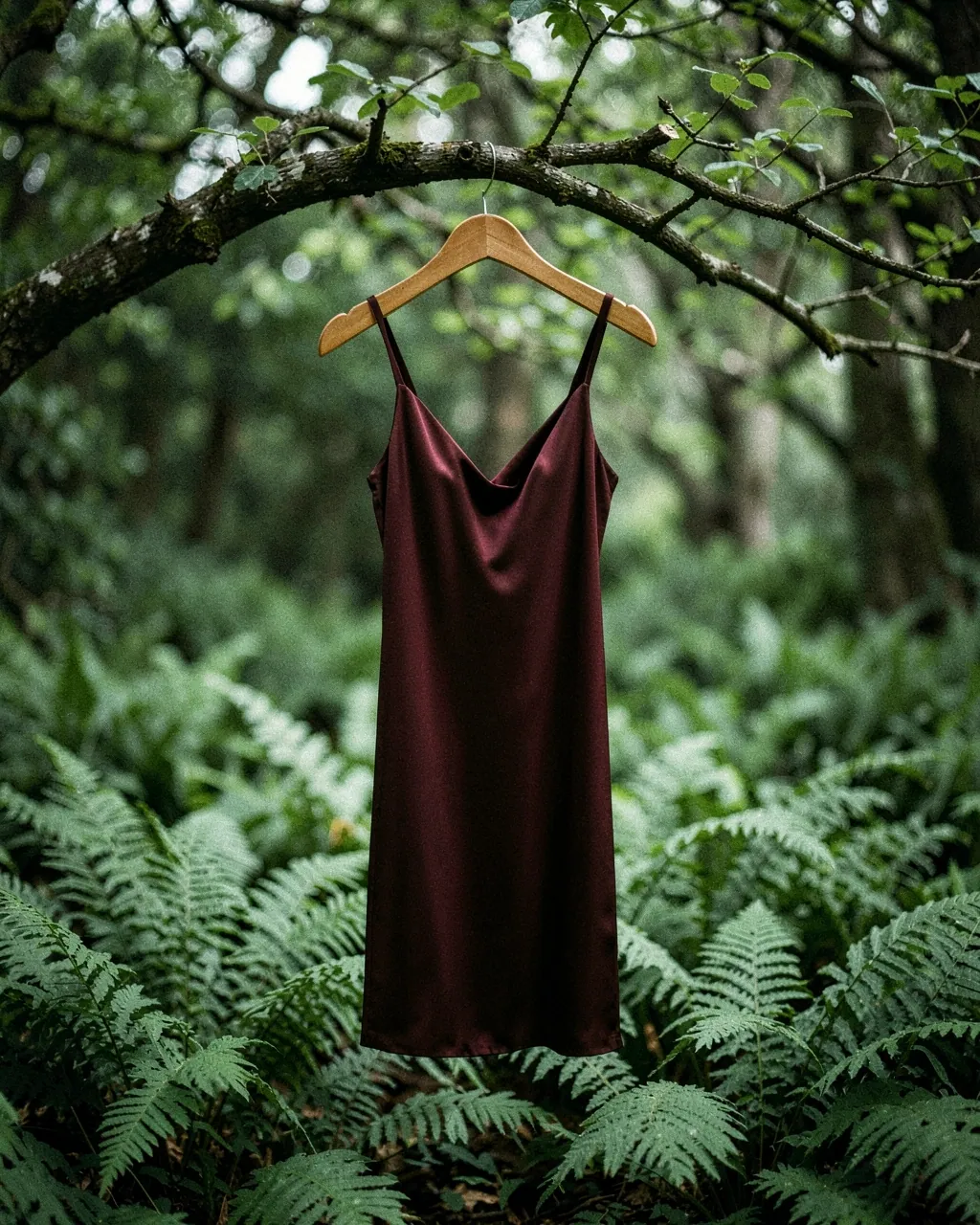 An oxblood silk dress hanging from a branch above ferns.
