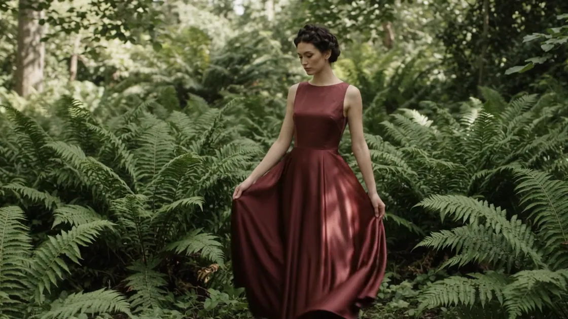 The oxblood silk dress swings as the model turns among the ferns.